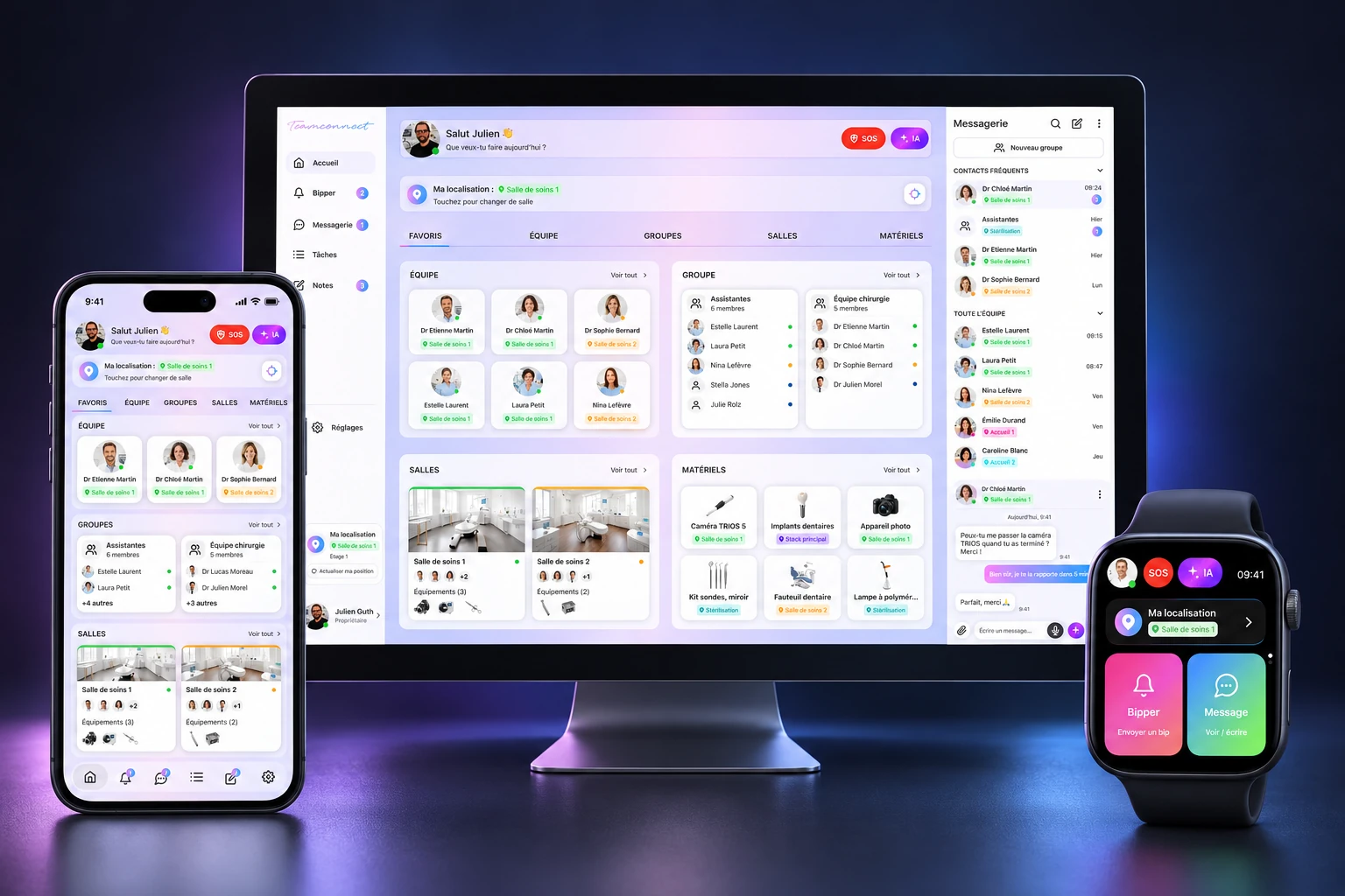 Les trois supports TeamConnect présentés ensemble : un ordinateur avec la version web, un smartphone avec l’application mobile et une Apple Watch.