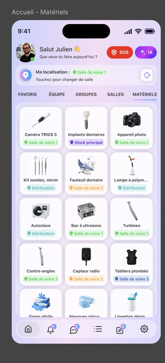 L’onglet Matériels de TeamConnect : caméra TRIOS 5, implants dentaires, appareil photo et autres équipements, avec leurs positions déclarées dans les salles, en stérilisation ou dans le stock principal.